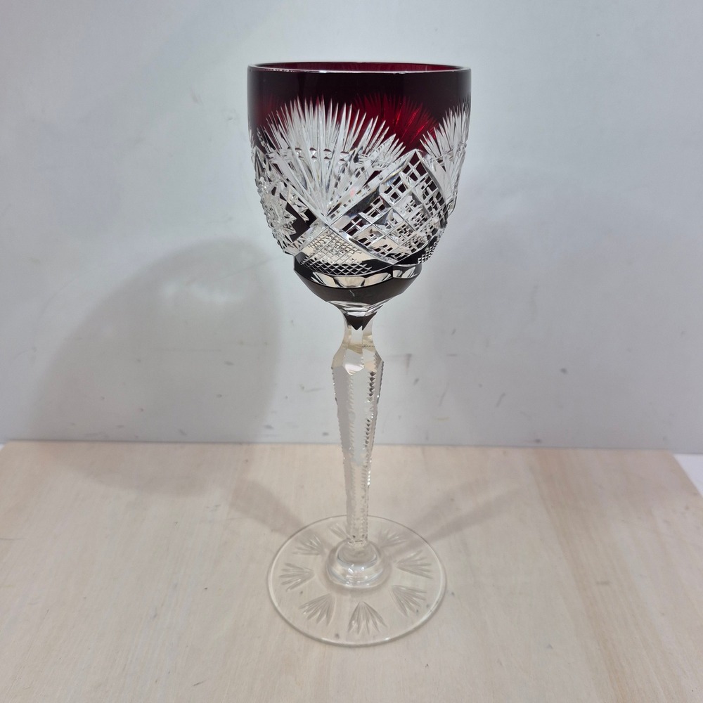 Vintage Ruby Red Cut to Clear Crystal Wine Goblet Faceted Stem 8.25 inch